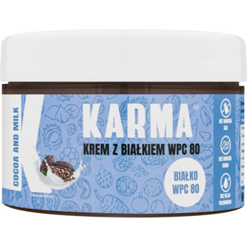 Krem Karma Cocoa and Milk WPC 80, biało-brązowy słoik, widok z przodu, z etykietą o smaku czekolady mlecznej.
