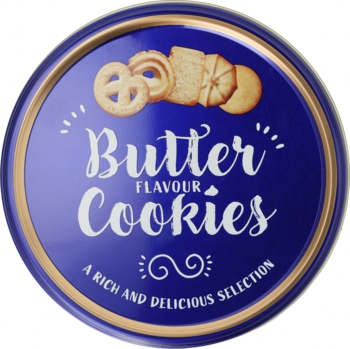 Okrągła, granatowa puszka maślanych ciastek. Widok z góry, ze złotymi detalami i różnymi kształtami ciastek.