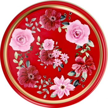 Czerwona, okrągła taca ze złotym brzegiem, ozdobiona różowo-bordowymi różami i zielonymi liśćmi, widok z góry.