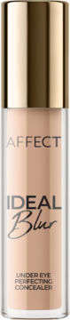 Wygładzający korektor pod oczy Affect Ideal Blur 1W w przezroczystej butelce z złotą zakrętką, widok z przodu.