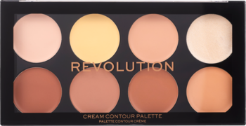 Revolution Cream Contour Palette: czarna paleta z 8 kremowymi odcieniami, od jasnych beży po brązy, widok z góry.