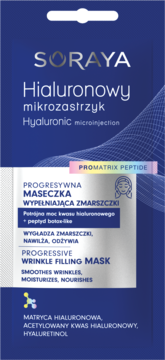 Niebieska saszetka maseczki Soraya Hialuronowy Mikrozastrzyk z peptydami, wypełniająca zmarszczki, widok z przodu.
