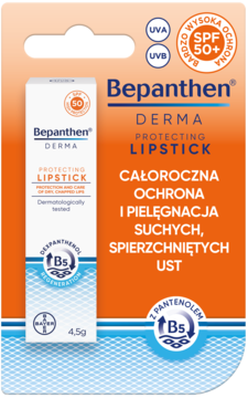 Pomadka Bepanthen Derma Protecting Lipstick SPF 50 w pomarańczowo-białym blistrze, widok z przodu.
