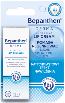 Bepanthen Derma Hydrating Lip Cream, biało-niebieskie opakowanie, z przodu, z napisem o nawilżeniu ust.