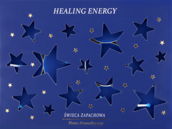 Granatowe opakowanie świecy zapachowej "HEALING ENERGY" z licznymi wyciętymi gwiazdami, niektóre świecące.