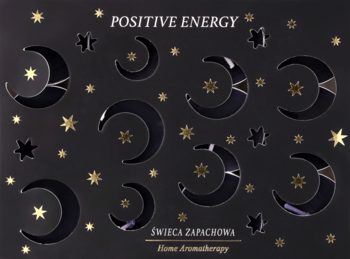 Ciemne pudełko "Positive Energy" na świece zapachowe, ze złotymi gwiazdami i wyciętymi księżycami.
