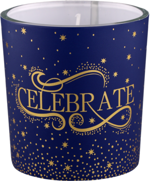 Granatowy świecznik szklany z białym wnętrzem, złotym napisem "CELEBRATE" i wzorem gwiazdek, widok z przodu.