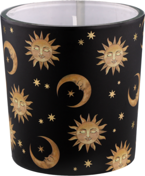 Czarny szklany świecznik walcowy ze złotymi słońcami z twarzami i księżycami oraz gwiazdami, widok z boku.