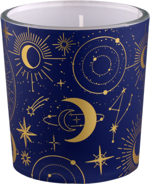 Cylindryczna świeca zapachowa w granatowym szkle ze złotym wzorem słońca, księżyców i gwiazd, widok z przodu.
