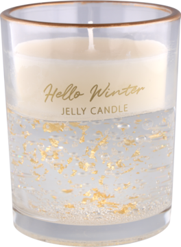 Świeca żelowa Hello Winter w cylindrycznym szklanym naczyniu, z białym woskiem, złotymi płatkami i obręczą. Widok z przodu.