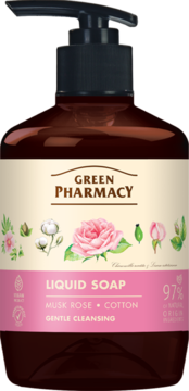 Mydło w płynie Green Pharmacy Musk Rose + Cotton w brązowej butelce z pompką, widok z przodu. Etykieta z różami i bawełną.