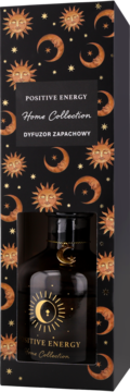 Czarny dyfuzor zapachowy Positive Energy Home Collection w ozdobnym pudełku ze słońcem i księżycem, widok z przodu.