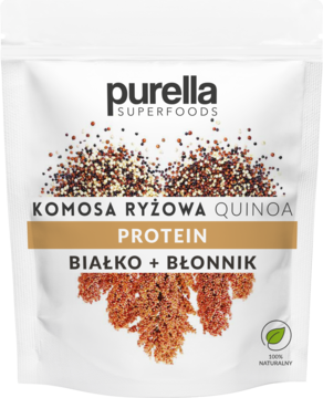 Purella Komosa Ryżowa Quinoa Protein w białej torebce, widok z przodu, z trójkolorową komosą i złotym bannerem.