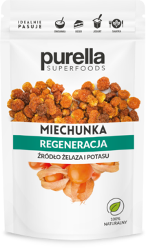 Biała paczka Purella Superfoods Miechunka Regeneracja, suszone owoce peruwiańskie, żelazo i potas.