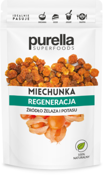 Biała paczka Purella Superfoods Miechunka Regeneracja, suszone owoce peruwiańskie, żelazo i potas.