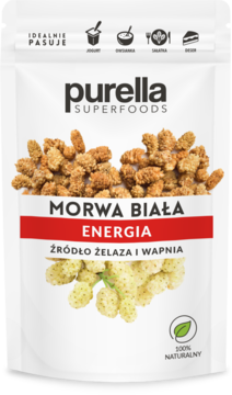 Purella Superfoods Morwa Biała, suszone owoce w białej torebce, etykieta 'Energia', źródło żelaza i wapnia.
