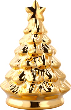 Złota błyszcząca figurka choinki ceramicznej z gwiazdą na szczycie, widok z przodu, lśniąca powierzchnia.