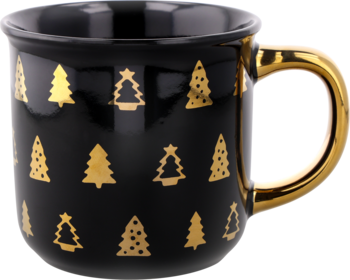 Czarny kubek ze złotym uchwytem i wzorem złotych choinek, widok z boku. Elegancki, świąteczny design.