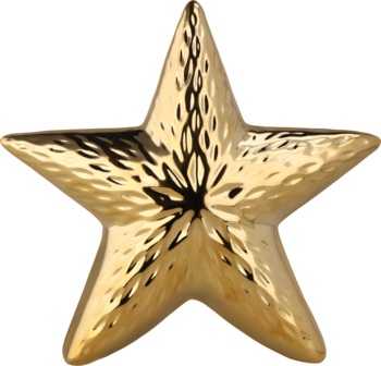 Unikatowa, błyszcząca złota pięcioramienna gwiazda o charakterystycznej, młotkowanej fakturze, widok z przodu.