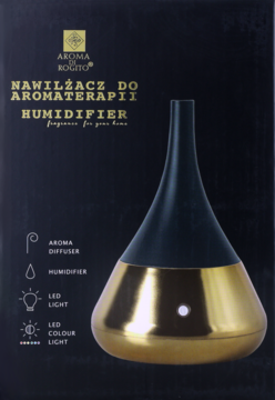 Czarno-złoty nawilżacz do aromaterapii o stożkowym kształcie, z białym LED, widok z przodu na pudełku.