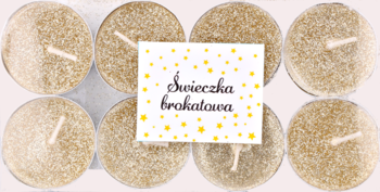 Osiem jasnobeżowych świeczek tealight z knotami, z nakładką "Świeczka brokatowa" z żółtymi kropkami.