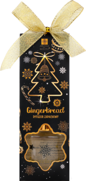 Dyfuzor zapachowy AROMA ROYTO Gingerbread w czarnym świątecznym pudełku ze złotą wstążką i okienkiem.