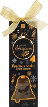 Czarny dyfuzor zapachowy Precious Santa w świątecznym pudełku z złotą kokardą, ozdobami i napisem Merry Christmas.