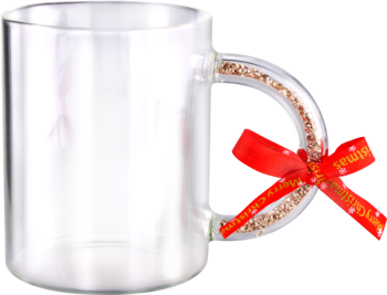 Przezroczysty szklany kubek ze złotym brokatem w rączce i czerwoną wstążką "Merry Christmas", widok z przodu.