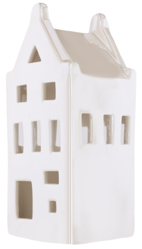 Biały ceramiczny świecznik w kształcie wysokiej kamienicy, z licznymi wyciętymi oknami, widok pod kątem.
