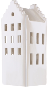 Biały, błyszczący ceramiczny świecznik-domek ze schodkowym dachem i prostokątnymi oknami, widok z przodu.