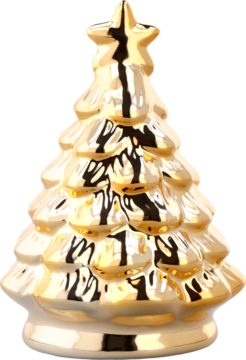 Złota figurka choinki świątecznej z połyskiem, ozdobiona gwiazdą na szczycie, widok z przodu.