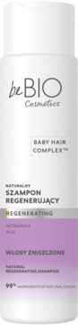 Biała butelka szamponu BeBio Cosmetics Regenerating dla włosów zniszczonych, z fioletową etykietą i Baby Hair Complex.