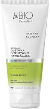 Biała tuba odżywki beBIO Cosmetics Super Hydration do włosów suchych z kwasem hialuronowym, widok z przodu.