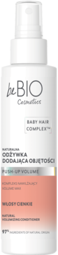 Biała butelka z atomizerem beBIO Cosmetics Push-Up Volume, odżywka do cienkich włosów, widok z przodu.
