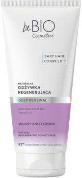 beBIO Deep Renewal, odżywka do włosów zniszczonych z roślinną keratyną, biała tubka, widok z przodu.