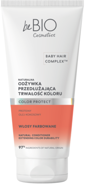 Biała tubka beBIO Odżywka Color Protect do włosów farbowanych, z srebrnym i czerwonym akcentem, widok z przodu.