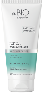 beBIO Antifrizz Power wygładzająca odżywka do włosów puszących się z masłem shea, biała tubka, przód.