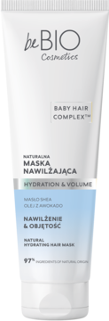 Biała tubka nawilżającej maski do włosów beBIO Cosmetics Hydration & Volume z masłem shea i awokado, widok z przodu.