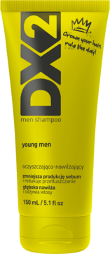 Żółta tuba szamponu DX2 Young Men, widok z przodu. Szampon oczyszczająco-nawilżający, redukuje sebum, odżywia włosy.