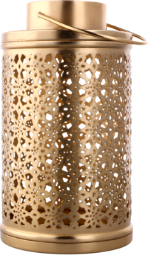 Złota metalowa latarenka z ażurowym wzorem kwiatów i gwiazd, widok z przodu. Idealna do dekoracji domu.