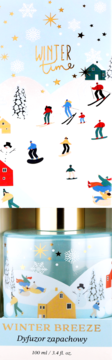Dyfuzor zapachowy Winter Breeze 100ml. Opakowanie z grafiką zimowego stoku, narciarzy, domków i napisem 'WINTER time'.