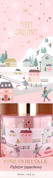 Dyfuzor zapachowy PINK FAIRYTALE 200ml, różowy z zimowym wzorem świątecznego miasteczka i napisem 'MERRY CHRISTMAS'.
