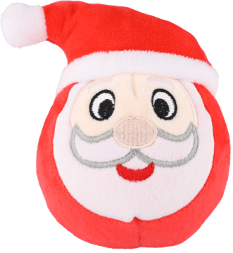 Pluszowa zabawka Mikołaja: czerwona głowa z białą brodą, czapką i haftowanymi detalami, widok z przodu.