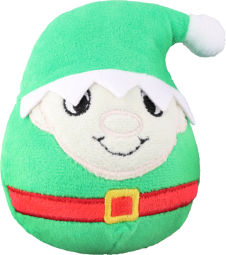 Pluszowa zielona maskotka elfa z białym kapeluszem, czerwoną opaską z żółtą klamrą i beżową twarzą. Ujęcie z przodu.