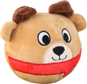 Jasnobrązowa pluszowa maskotka psa, okrągła głowa z ciemnymi uszami, haftowane detale pyska i czerwony akcent.