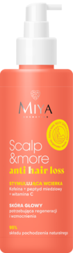 Miya Scalp & More Anti Hair Loss wcierka do włosów w koralowej butelce z pompką, z napisem "Kofeina + peptyd miedziowy".