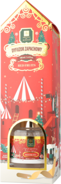 Czerwony dyfuzor zapachowy Red Fruits 100ml w świątecznym pudełku z motywami choinek i złotych zdobień, widok z przodu.