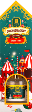 Świąteczny dyfuzor zapachowy Aroma Home XMAS TREE w zielonym pudełku z choinkami i dziadkiem do orzechów, widok z przodu.