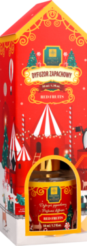 Czerwony dyfuzor zapachowy Red Fruits w kartonowym, świątecznym pudełku-domku z okienkiem na butelkę.