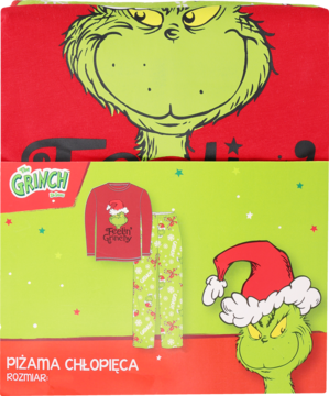 Opakowanie piżamy świątecznej chłopięcej The Grinch: czerwona bluzka, zielone spodnie, wizerunek Grincha.